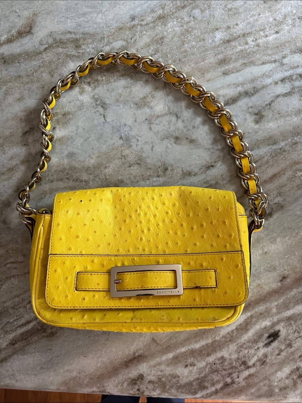 Coccinelle Bright Yellow Ostrich-Texture Shoulder Bag with Gold Chain Strap